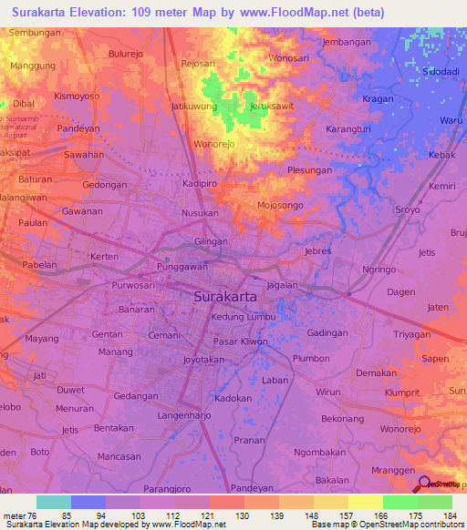 Surakarta,Indonesia Elevation Map