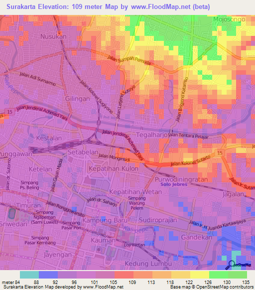 Surakarta,Indonesia Elevation Map