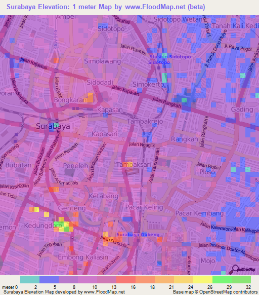 Surabaya,Indonesia Elevation Map