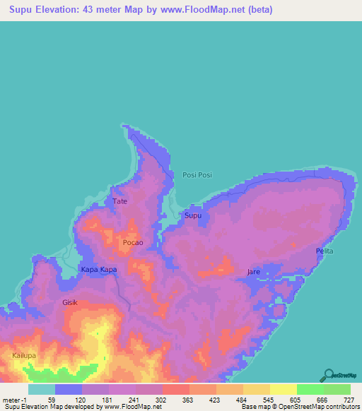 Supu,Indonesia Elevation Map