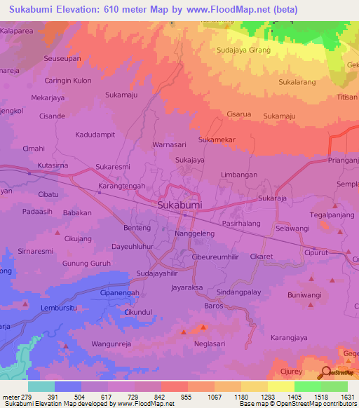 Sukabumi,Indonesia Elevation Map