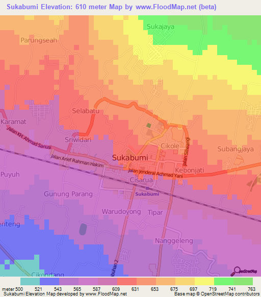 Sukabumi,Indonesia Elevation Map