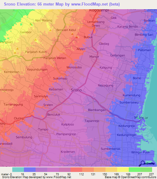 Srono,Indonesia Elevation Map