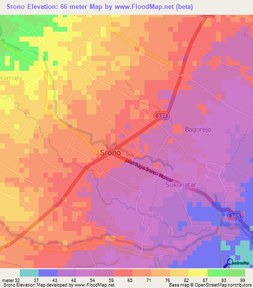 Srono,Indonesia Elevation Map