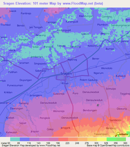 Sragen,Indonesia Elevation Map