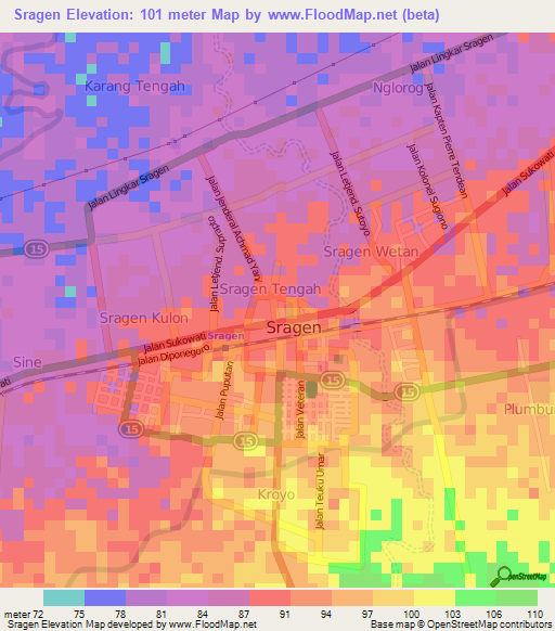 Sragen,Indonesia Elevation Map