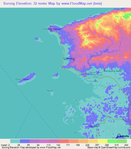 Sorong,Indonesia Elevation Map