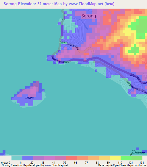 Sorong,Indonesia Elevation Map