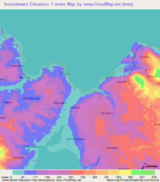 Sorendeweri,Indonesia Elevation Map