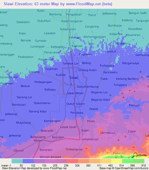 Slawi,Indonesia Elevation Map