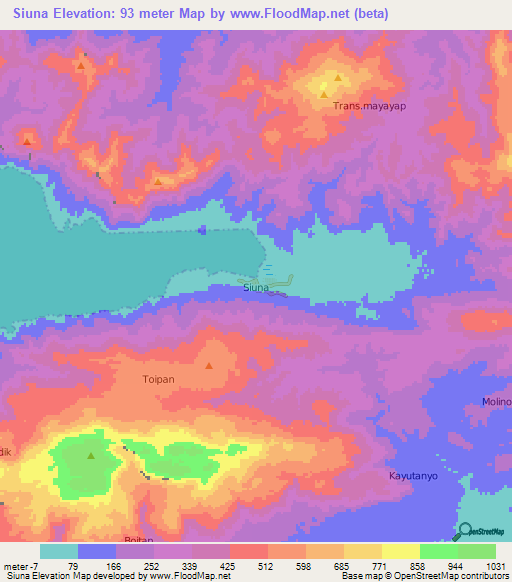 Siuna,Indonesia Elevation Map