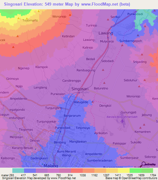 Singosari,Indonesia Elevation Map