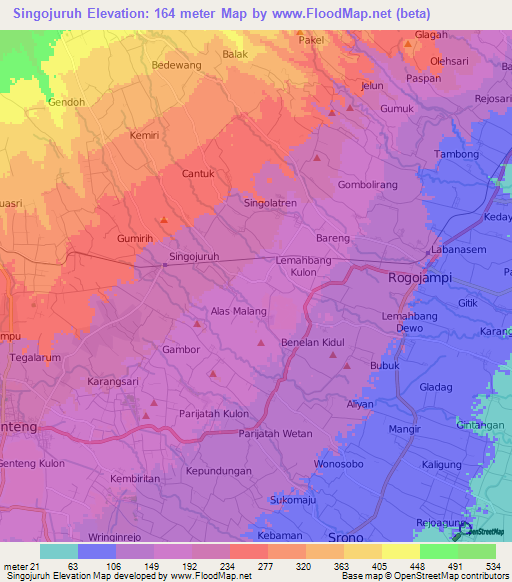 Singojuruh,Indonesia Elevation Map