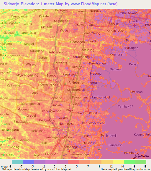 Sidoarjo,Indonesia Elevation Map