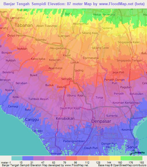 Banjar Tengah Sempidi,Indonesia Elevation Map