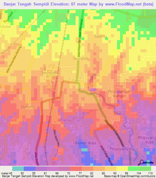 Banjar Tengah Sempidi,Indonesia Elevation Map