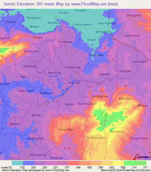 Semin,Indonesia Elevation Map