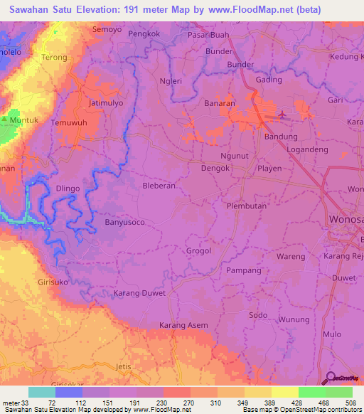 Sawahan Satu,Indonesia Elevation Map