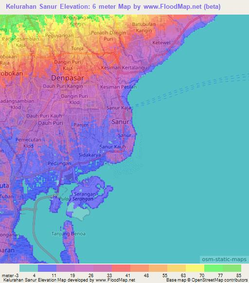 Kelurahan Sanur,Indonesia Elevation Map