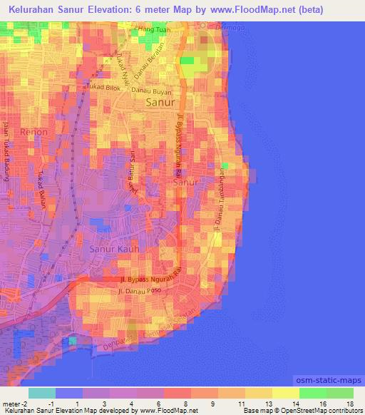 Kelurahan Sanur,Indonesia Elevation Map