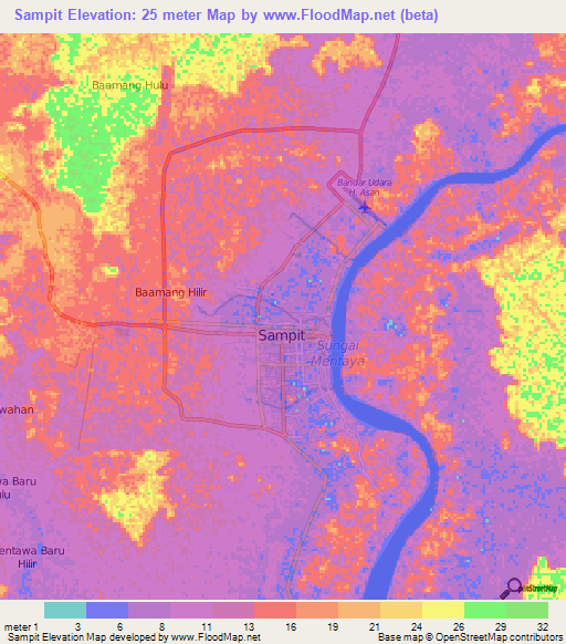 Sampit,Indonesia Elevation Map