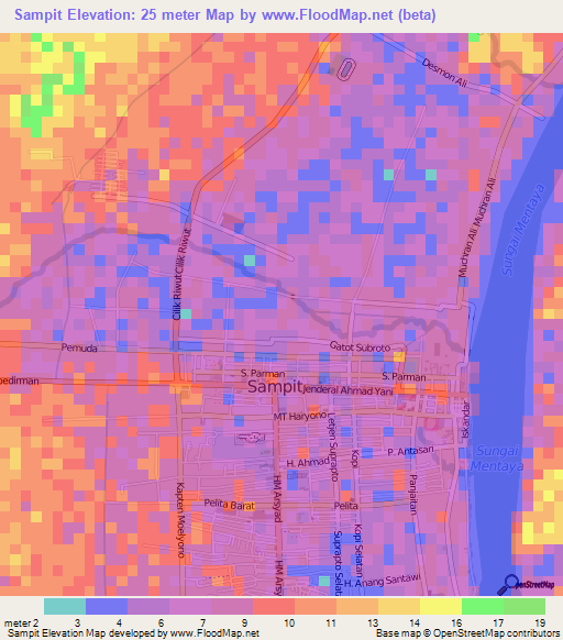 Sampit,Indonesia Elevation Map