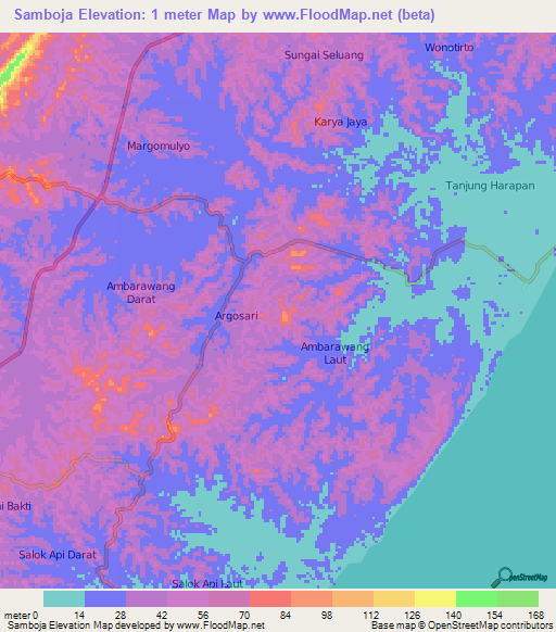 Samboja,Indonesia Elevation Map