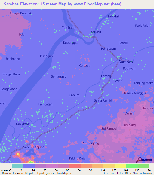 Sambas,Indonesia Elevation Map