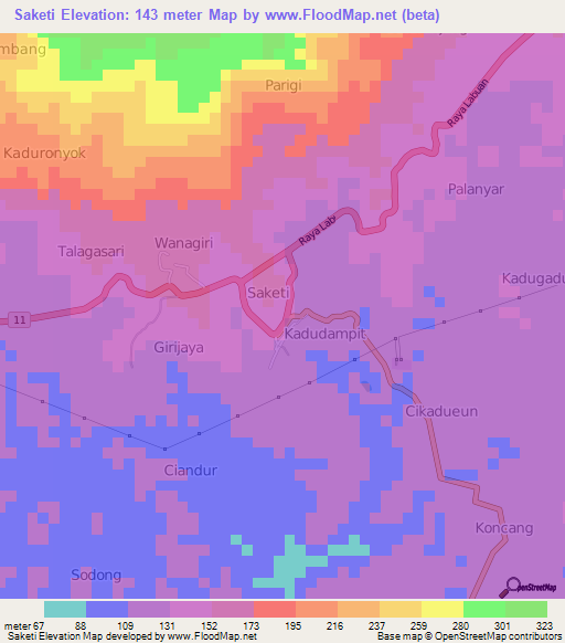 Saketi,Indonesia Elevation Map