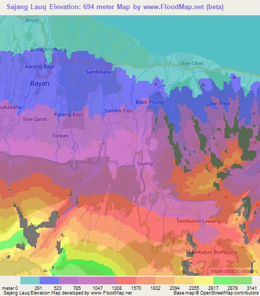 Sajang Lauq,Indonesia Elevation Map