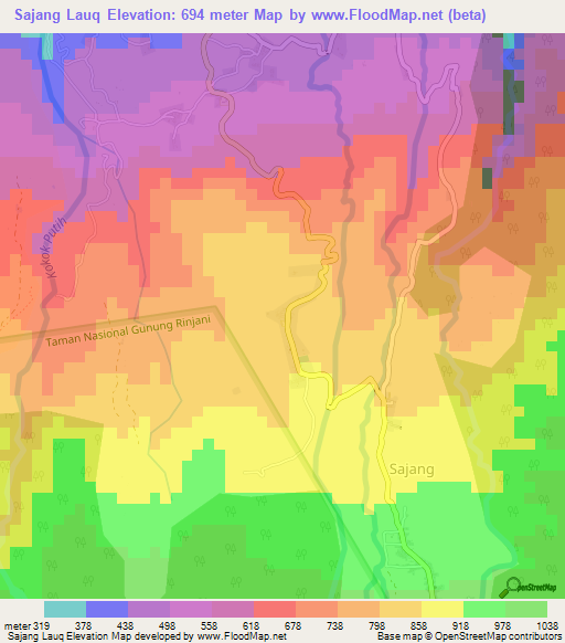 Sajang Lauq,Indonesia Elevation Map