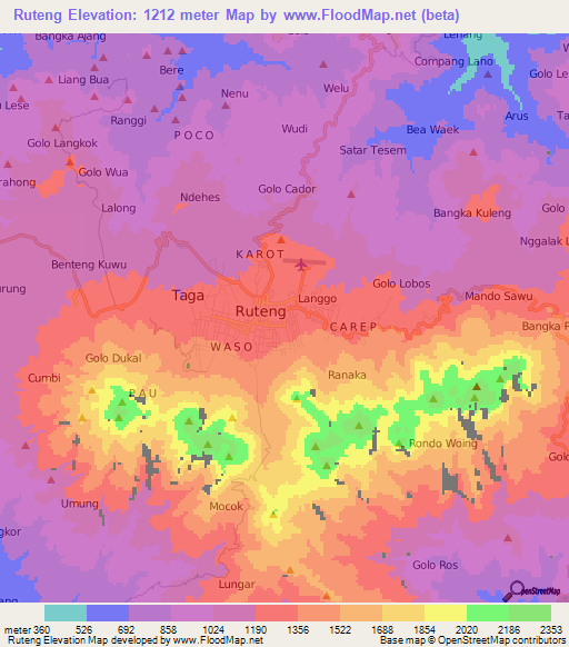 Ruteng,Indonesia Elevation Map