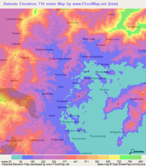 Raterate,Indonesia Elevation Map