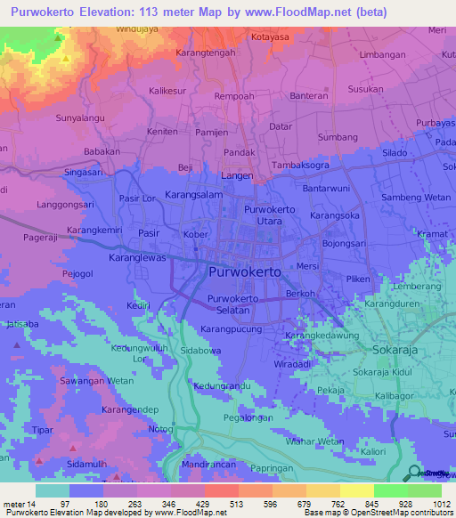 Purwokerto,Indonesia Elevation Map