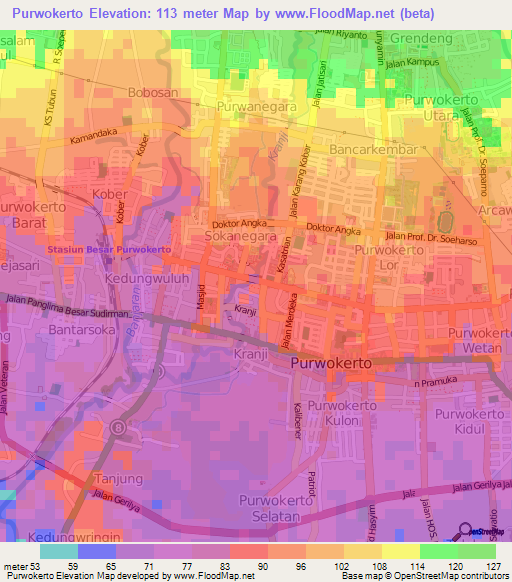 Purwokerto,Indonesia Elevation Map