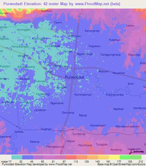 Purwodadi,Indonesia Elevation Map