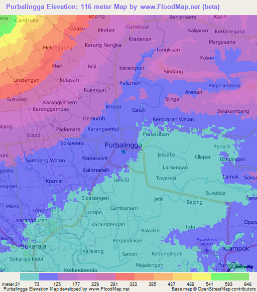 Purbalingga,Indonesia Elevation Map