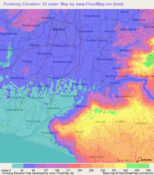 Pundong,Indonesia Elevation Map