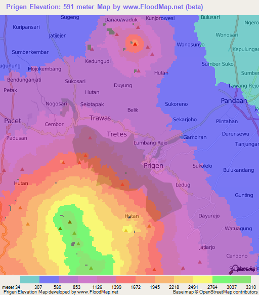 Prigen,Indonesia Elevation Map