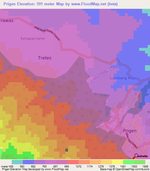 Prigen,Indonesia Elevation Map