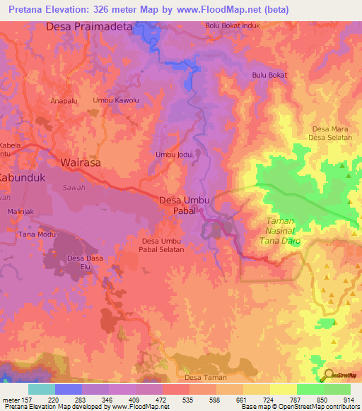 Pretana,Indonesia Elevation Map