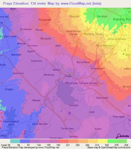 Praya,Indonesia Elevation Map