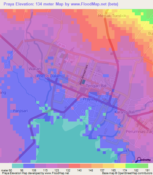 Praya,Indonesia Elevation Map