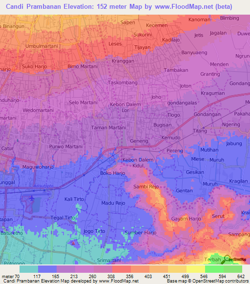 Candi Prambanan,Indonesia Elevation Map