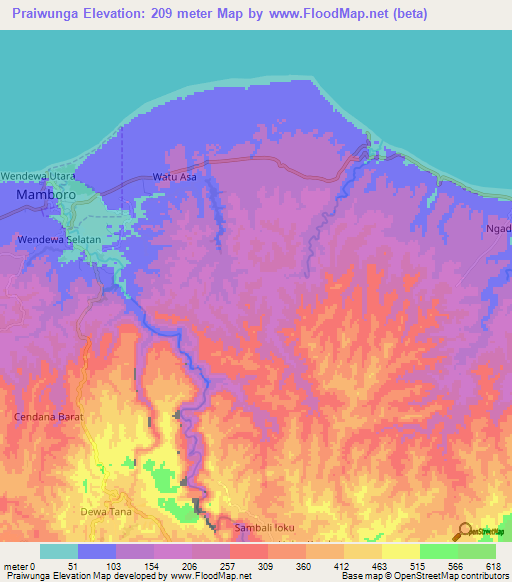 Praiwunga,Indonesia Elevation Map