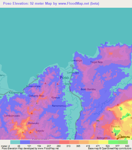 Poso,Indonesia Elevation Map