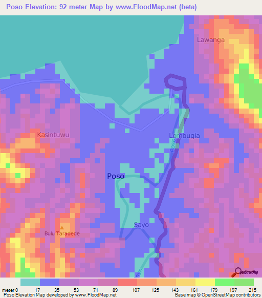 Poso,Indonesia Elevation Map