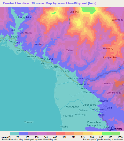 Pundui,Indonesia Elevation Map