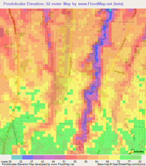 Pondokcabe,Indonesia Elevation Map