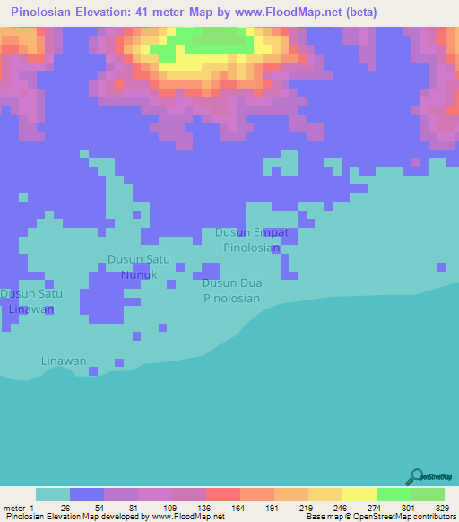 Pinolosian,Indonesia Elevation Map